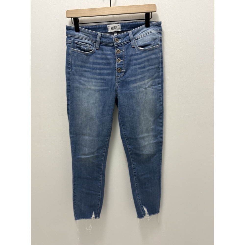 PAIGE Hoxton Crop Jeans Womens 29 Blue High Rise Skinny Raw Hem Button Fly